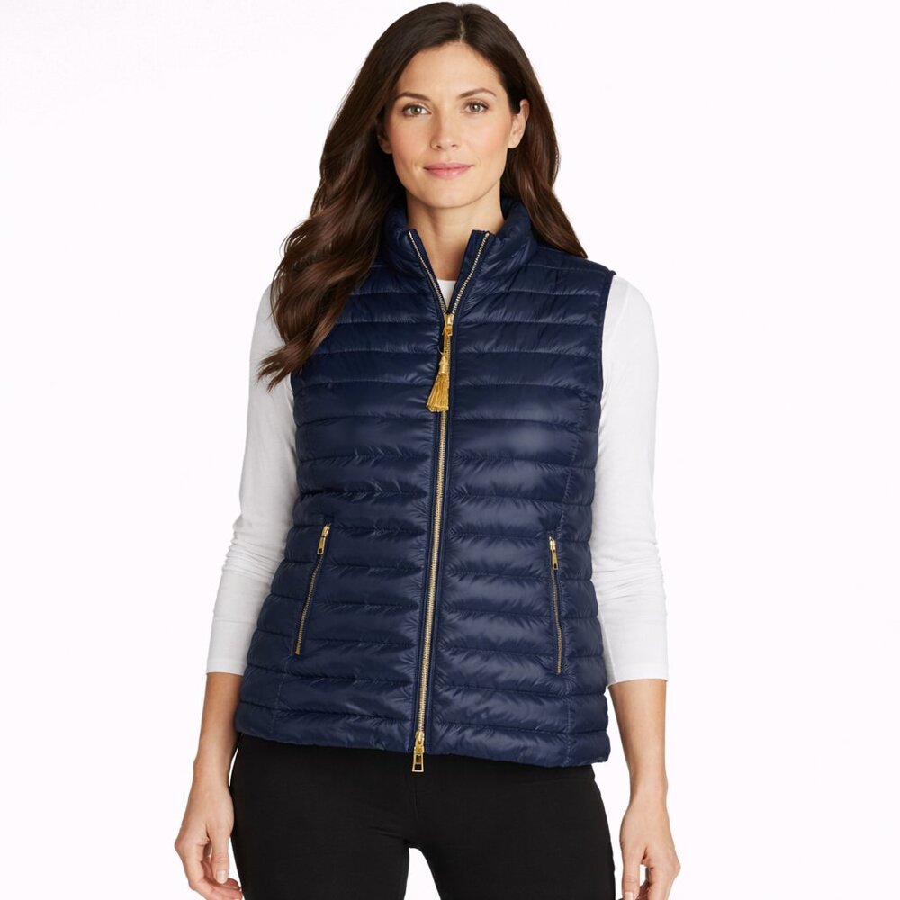 Lilly Pulitzer Cora Down Puffer Vest XS Navy Floral Lined Tassel Zip